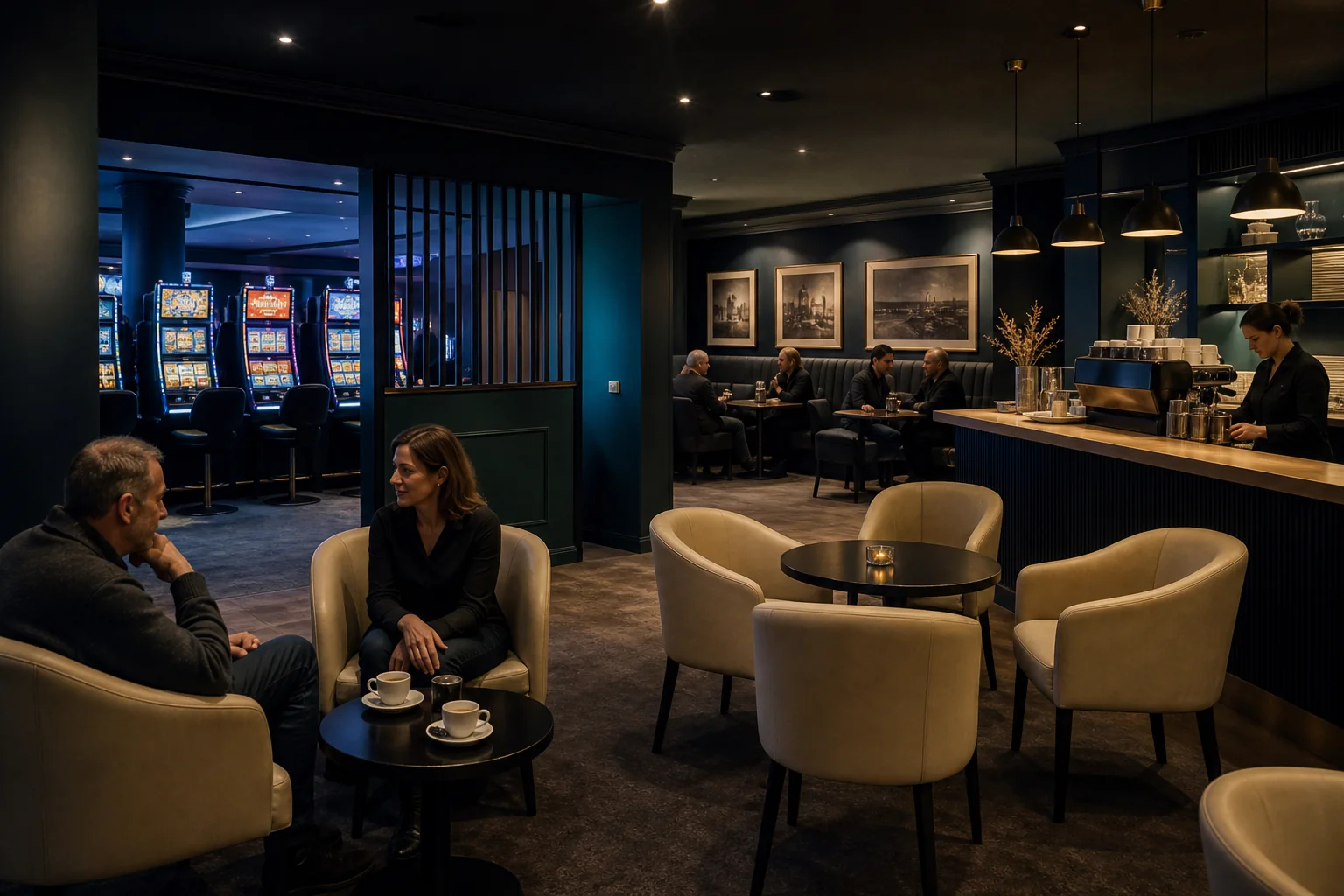 Ruhige Lounge mit Blick in den Automatenbereich